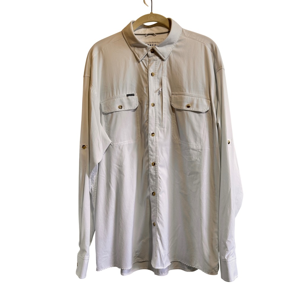 Poncho Outdoors Fishing Shirt Large White Magnetic Pockets Vented Performance